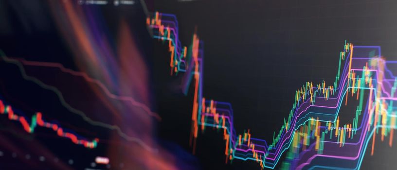 Finance and investment concept. Charts of financial instruments with various type of indicators including volume analysis for professional technical analysis on the monitor of a computer.