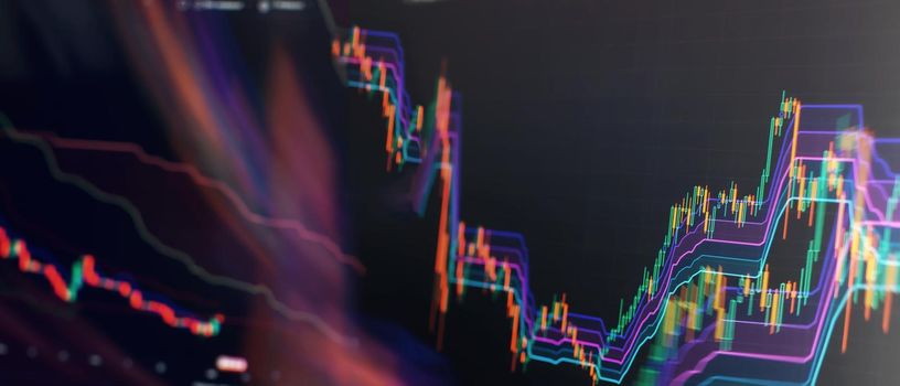 Finance and investment concept. Charts of financial instruments with various type of indicators including volume analysis for professional technical analysis on the monitor of a computer.