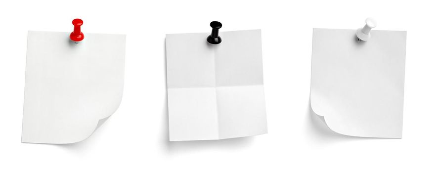 collection of various note paper with a push pin on white background