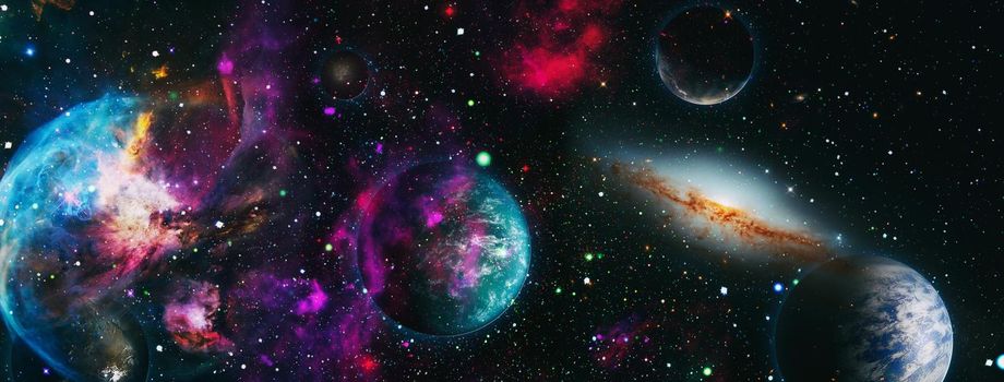 Space scene with planets, stars and galaxies. Spiral galaxy in deep space. Stars of a planet and galaxy in a free space. Elements of this image furnished by NASA.