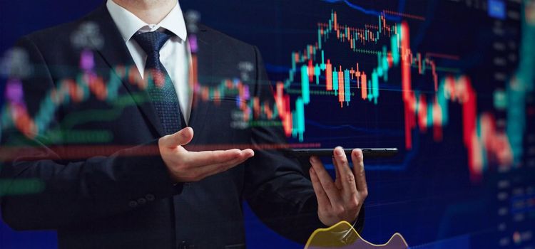 Stock market, Business growth, progress or success concept. Businessman or trader is showing a growing virtual hologram stock, invest in trading.