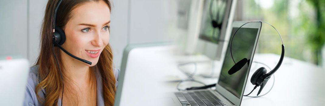 Business people wearing headset working in office in widen view to support remote customer or colleague. Call center, telemarketing, customer support agent provide service on telephone video call.