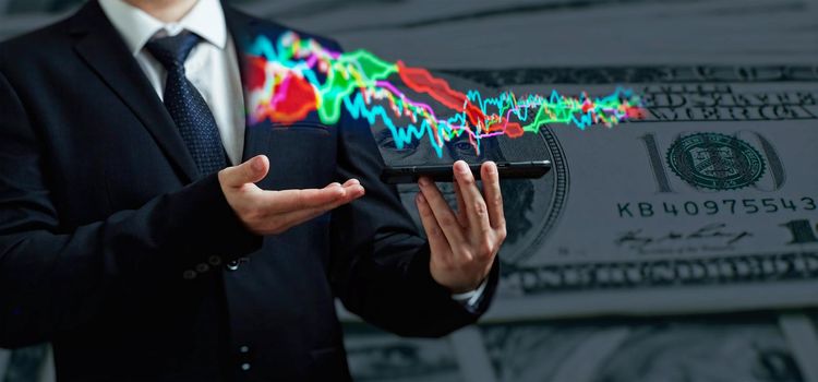 Stock market, Business growth, progress or success concept. Businessman or trader is showing a growing virtual hologram stock, invest in trading.