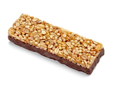 close up of a cereal bar on white background