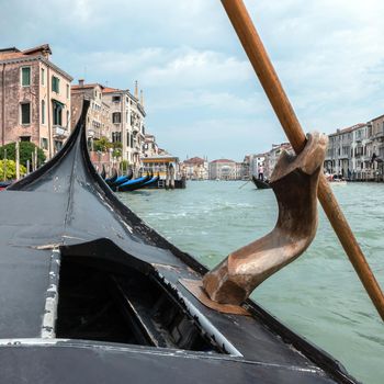 Walk on gondolas in Venice. Gondolier navigates on the Grand Canal of Venice, Italy.