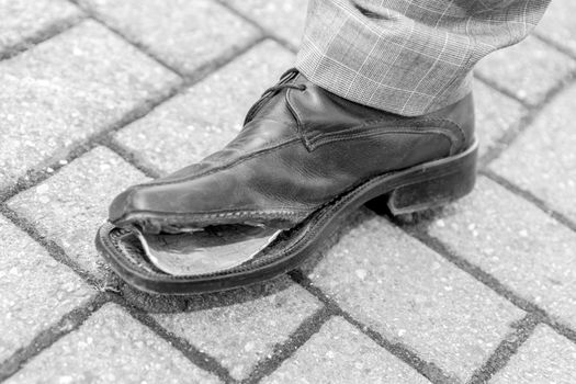 Torn men shoe. Broken men leather shoe. Close-up of broken leather shoes need to repair.