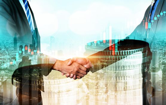 Business handshake on finance prosperity and money technology asset background . Economy and financial growth by investment in valuable stock market to gain wealth profit form currency trading