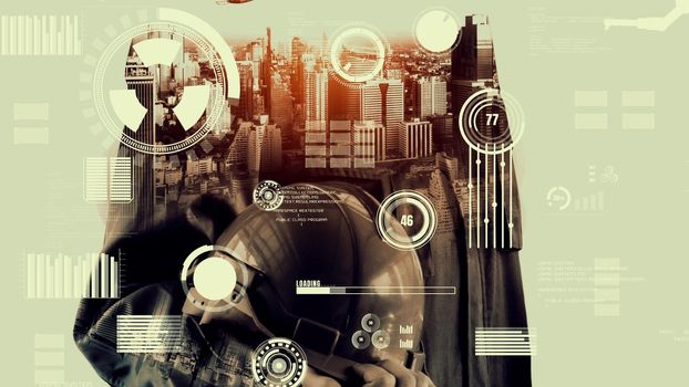 Future building construction and inventive engineering project concept with HUD hologram graphic design. Building engineer, architect people or construction worker works with modern civil technology.
