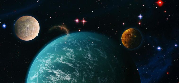 Stars of a planet and galaxy in a free space. Elements of this image furnished by NASA .