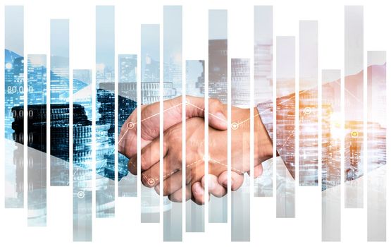 Business handshake on finance prosperity and money technology asset background . Economy and financial growth by investment in valuable stock market to gain wealth profit form currency trading