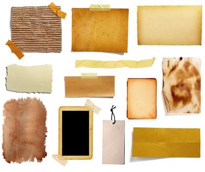 collection of various vintage note paper, tape, price label, wood sign on white background