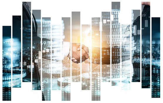 Business handshake on finance prosperity and money technology asset background . Economy and financial growth by investment in valuable stock market to gain wealth profit form currency trading