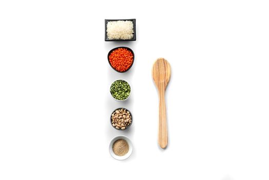 Ancient grain food superfood set. A number of superfood bowls on a white background. An alternative to food crisis products. Healthy eating forgotten grains. Ancient grain food. Flat lay