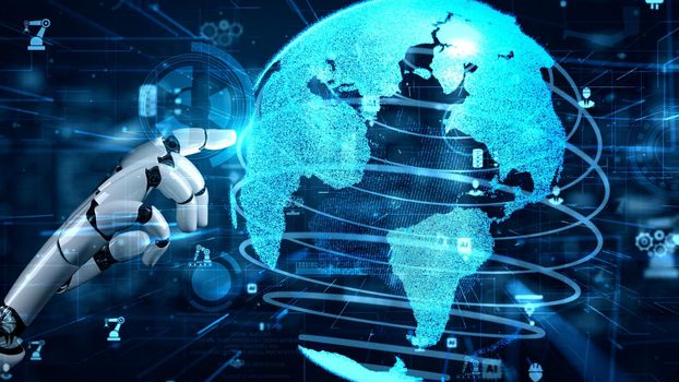 Futuristic robot artificial intelligence enlightening AI technology development and machine learning concept. Global robotic bionic science research for future of human life. 3D rendering graphic.