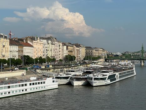 Excursion ferries at the embankment in Budapest. Hungary. High quality photo