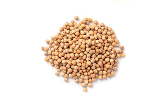 heap of dried chickpea beans isolated on white background, close up, elevated top view.