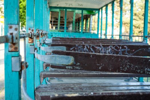 Inside old abandoned rusty wrecked tram