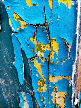Abstration of the flag of Ukraine on a wall with a crack. A crisis. Dirty old yellow and blue wood background. Texture of wood use as natural background. Flag of Ukraine. High quality photo