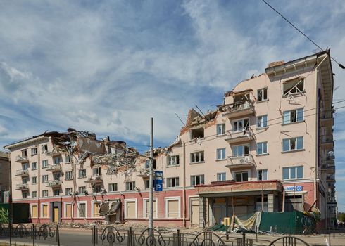 Chernihiv, Ukraine - June 26, 2022: The consequences of the explosion of the hotel Ukraine by a Russian missile. War between Ukraine and Russia.