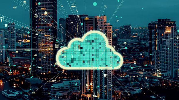 Cloud computing technology and online data storage for alteration data sharing . Computer connects to internet network server service for cloud data transfer shown in 3D futuristic graphic interface .