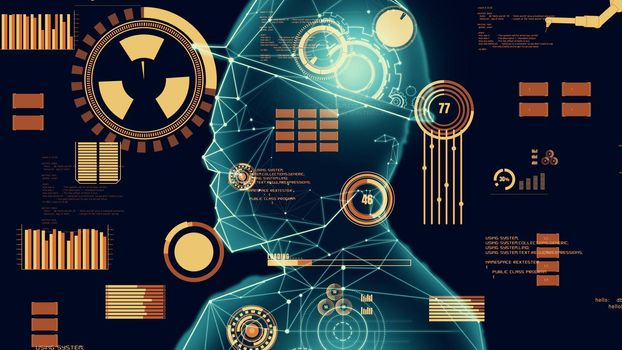 Abstract design of gears in inventive human head outline showing concept of engineering, consciousness, artificial intelligence and technology.