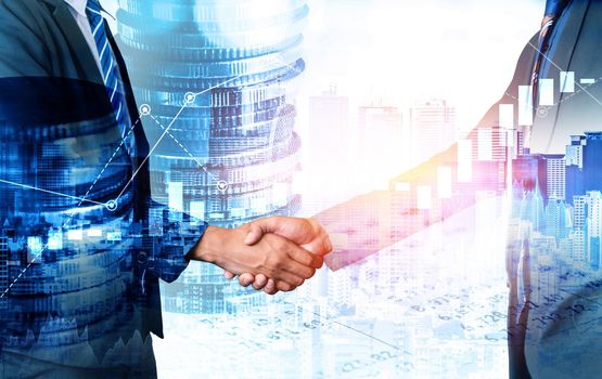 Business handshake on finance prosperity and money technology asset background . Economy and financial growth by investment in valuable stock market to gain wealth profit form currency trading