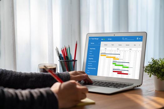 Project planning software for modish business project management on the computer screen showing timeline chart of the team project