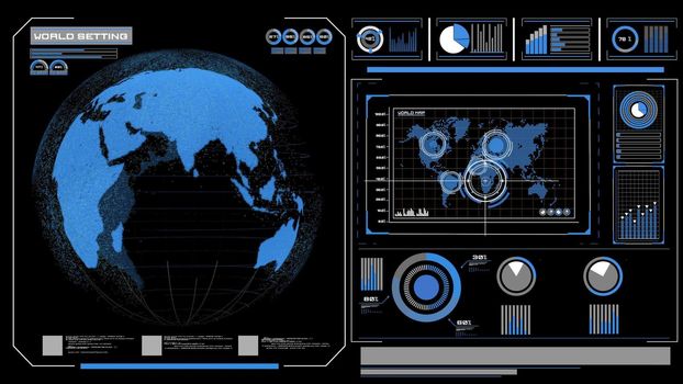 Futuristic VR head-up display design with orbital global network 3D rendering graphic . HUD element containing circle abstract and big data analytic presented in digital GUI technology .