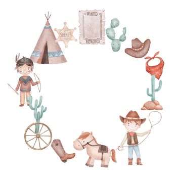 Watercolor hand drawn wreath with indians boy in costume, wigwam, cowboy and cactus. Cute childish round frame isolated on white background