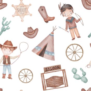 Watercolor hand drawn seamless pattern with indian boy in costume and cowboy with rope lasso. Cute childish illustration on white background. Wild west theme