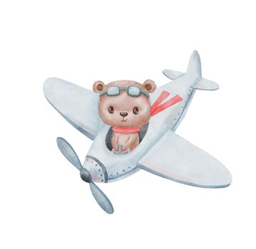 Cute bear on airplane. Watercolor illustration isolated on white background. Baby bear pilot