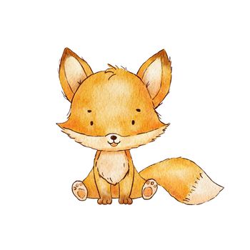 Cute baby fox sitting. Watercolor childish illustration isolated on white. Woodland little animal