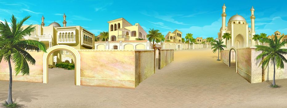 Panorama of the old city in Egypt on a sunny day. Digital Painting Background, Illustration.