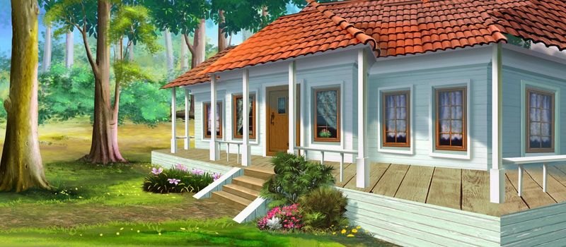 Country house with a veranda on a sunny day. Digital Painting Background, Illustration.