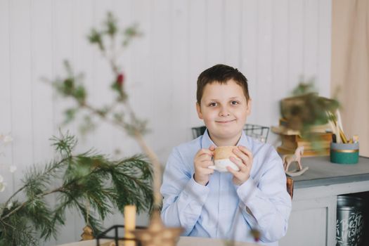 Happy beautiful portrait of a smiling caucasian child boy on the background of a Christmas tree in a home interior and festive atmosphere.