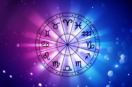 Zodiac signs inside of horoscope circle. Astrology in the sky with many stars and moons  astrology and horoscopes concept