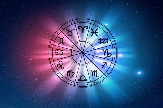 Zodiac signs inside of horoscope circle. Astrology in the sky with many stars and moons  astrology and horoscopes concept