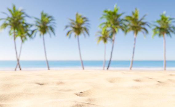 3D rendering of picturesque scenery of tall palm trees on sandy beach near wavy blue sea against cloudless sky in tropical resort