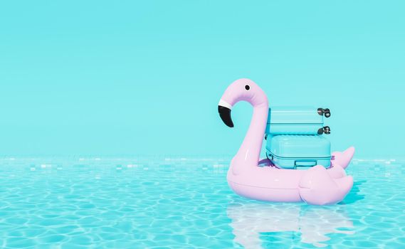 3D rendering of hard side suitcases placed on pink inflatable flamingo floating on rippling water of swimming pool against blue background