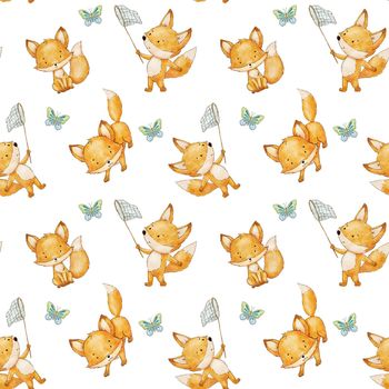 Cute baby fox with butterfly. Watercolor childish seamless pattern. Woodland little animal background