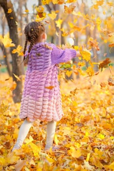 Happy smiling girl joyful throws up autumn leaves outside in fall forest.