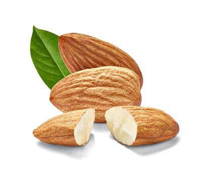 Close up of almonds on white background