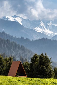 A famous travel place near the popular tourist site Kok Zhailau. Mountain Almaty amazing vertical landscape with copy space