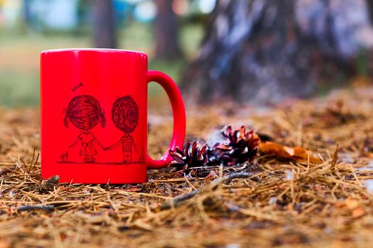 a small bowl-shaped container for drinking from, typically having a handle. A red cup with love and funny little couple and autumn pine needles and cones. High quality photo