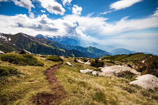 Mountain tourist trail in the mountains of Central Asia in Kazakhstan, the Tien Shan mountain range near the city of Almaty.