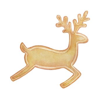 Watercolor gingerbread deer cookie. Painting symbol of Christmas. Hand drawn holiday illustration isolated on white background. Reindeer or elk