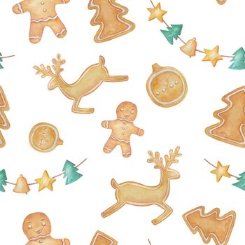 Watercolor gingerbread deer and man cookies. Painting symbol of Christmas. Seamless pattern isolated on white background.