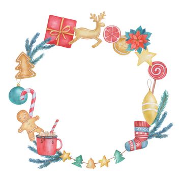 Watercolor wreath with gingerbread deer and man cookies, sweets, Christmas tree branches and cocoa isolated on white background.