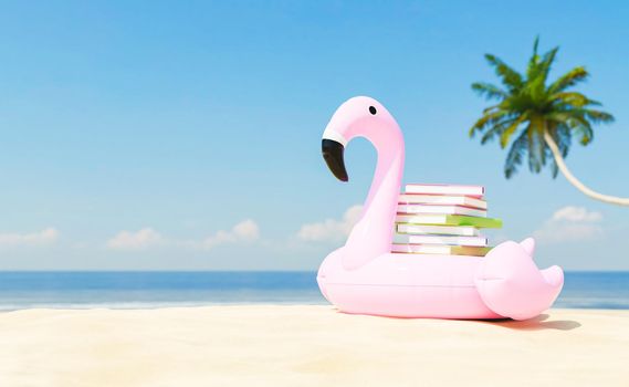 3D rendering of pile of books stacked on pink inflatable flamingo places on sandy beach near sea against bright blue sky in tropical resort