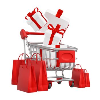 Shopping cart and gift box with paper bag isolated on white background 3D render